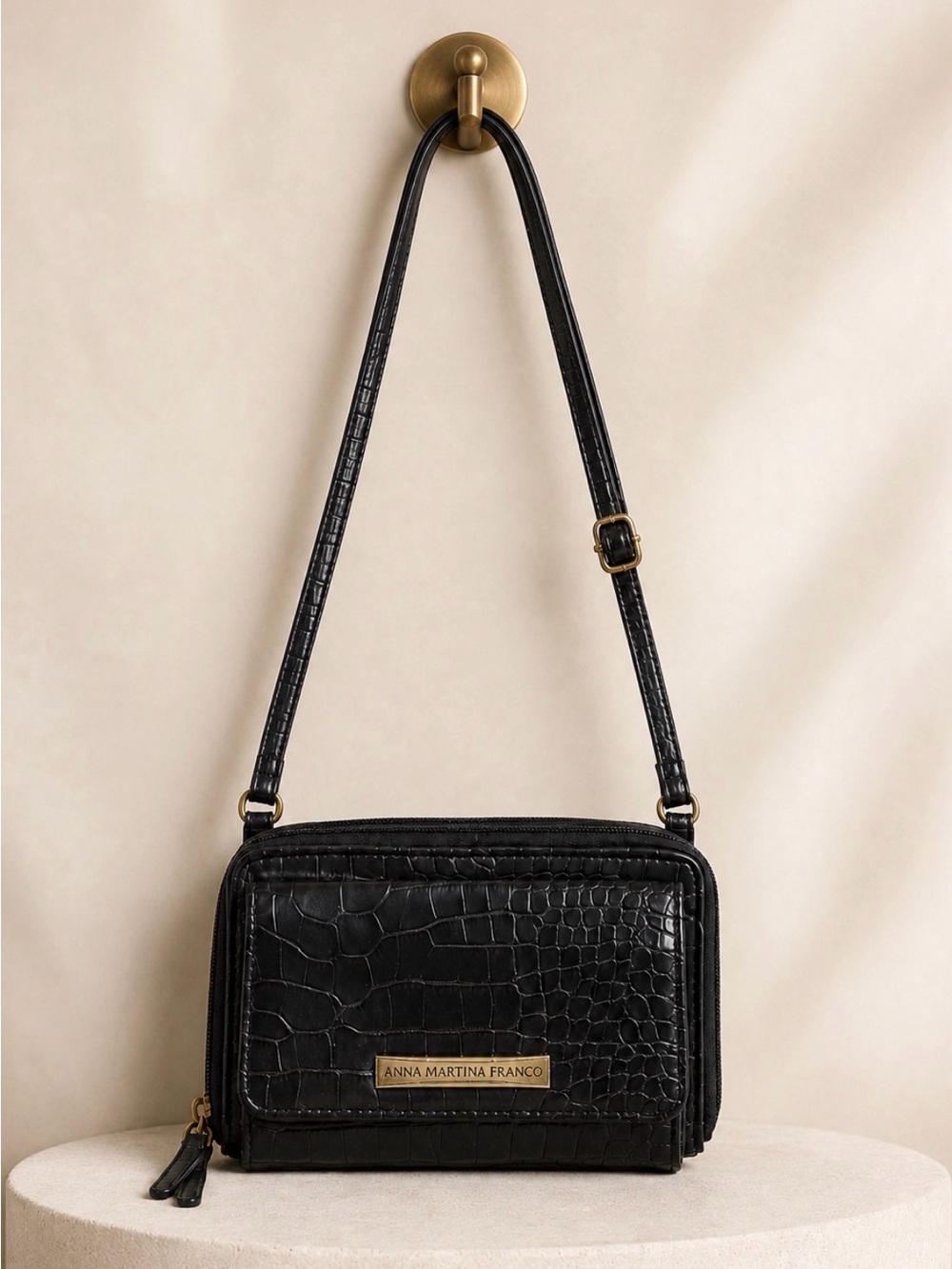Anna Martina Franco Black Croc Embossed Wallet Crossbody Bag